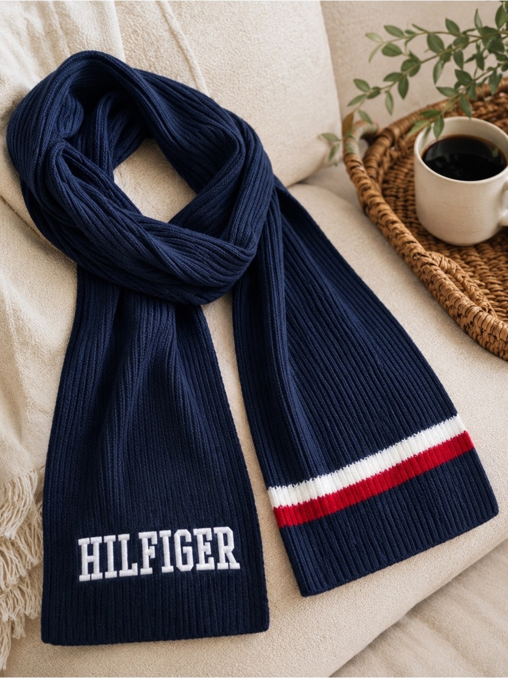 Tommy Hilfiger 90s Vintage Scarf Navy Ribbed Knit Preppy Embroidered Logo